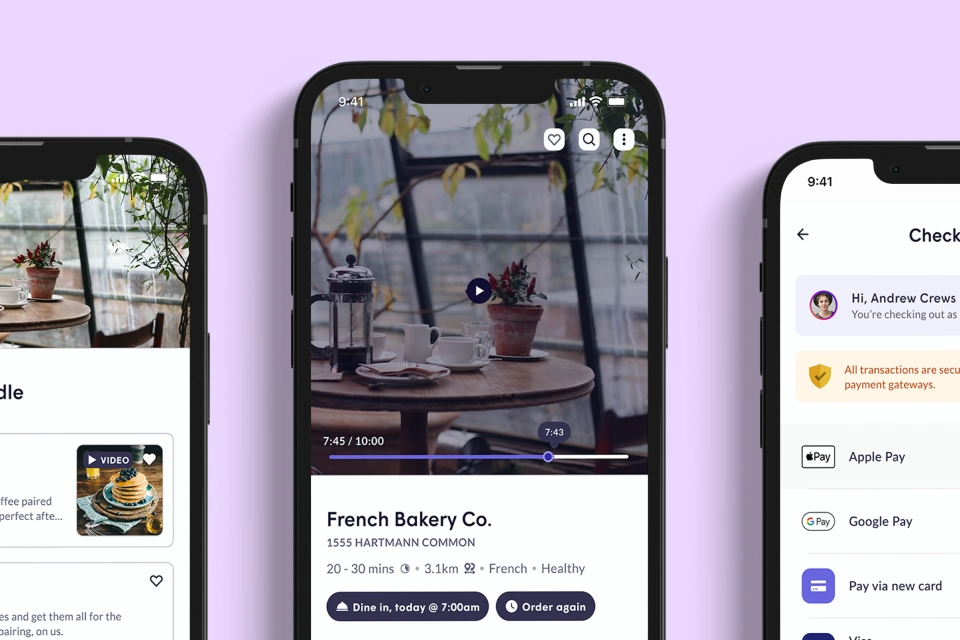 Three mobile phones showing ordering and checkout screens